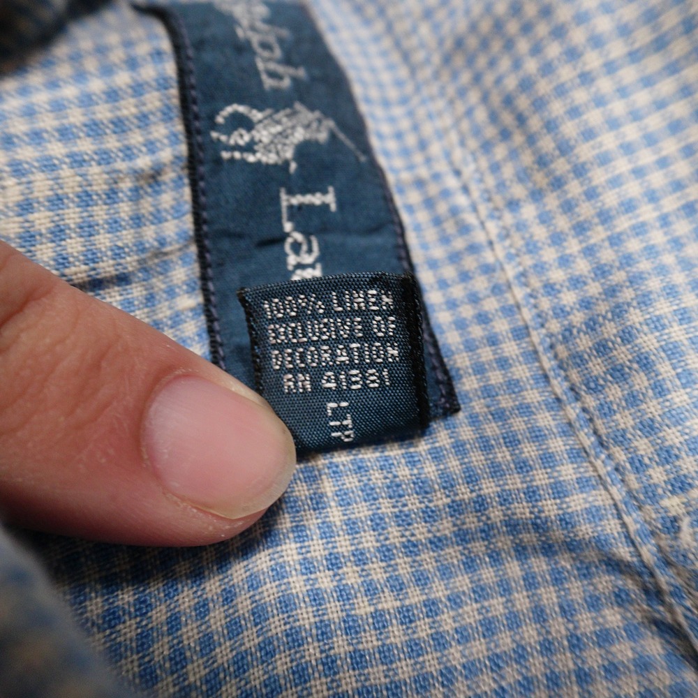 RALPH LAUREN Men's L Blue White Gingham 100% Linen Short Sleeve Button Up Shirt - Picture 6 of 8